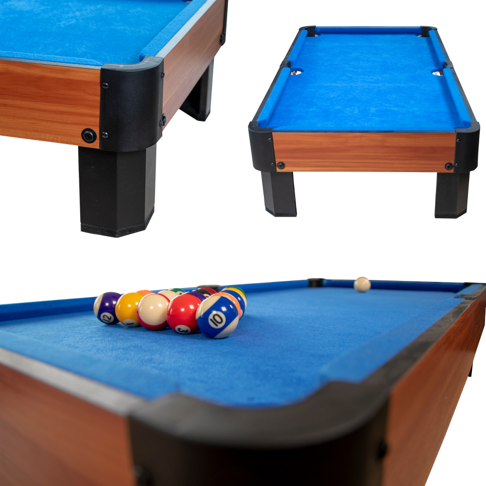 Billard de table avec accessoires - Kit Billard Compact de bureau ou salle de jeu, 102 x 51 x 22.5 cm - Marron et Tapis Bleu